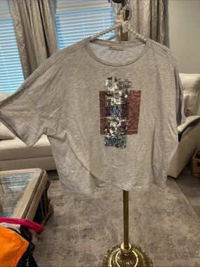 Zara Light Gray Sequin Accent Boxy Tee